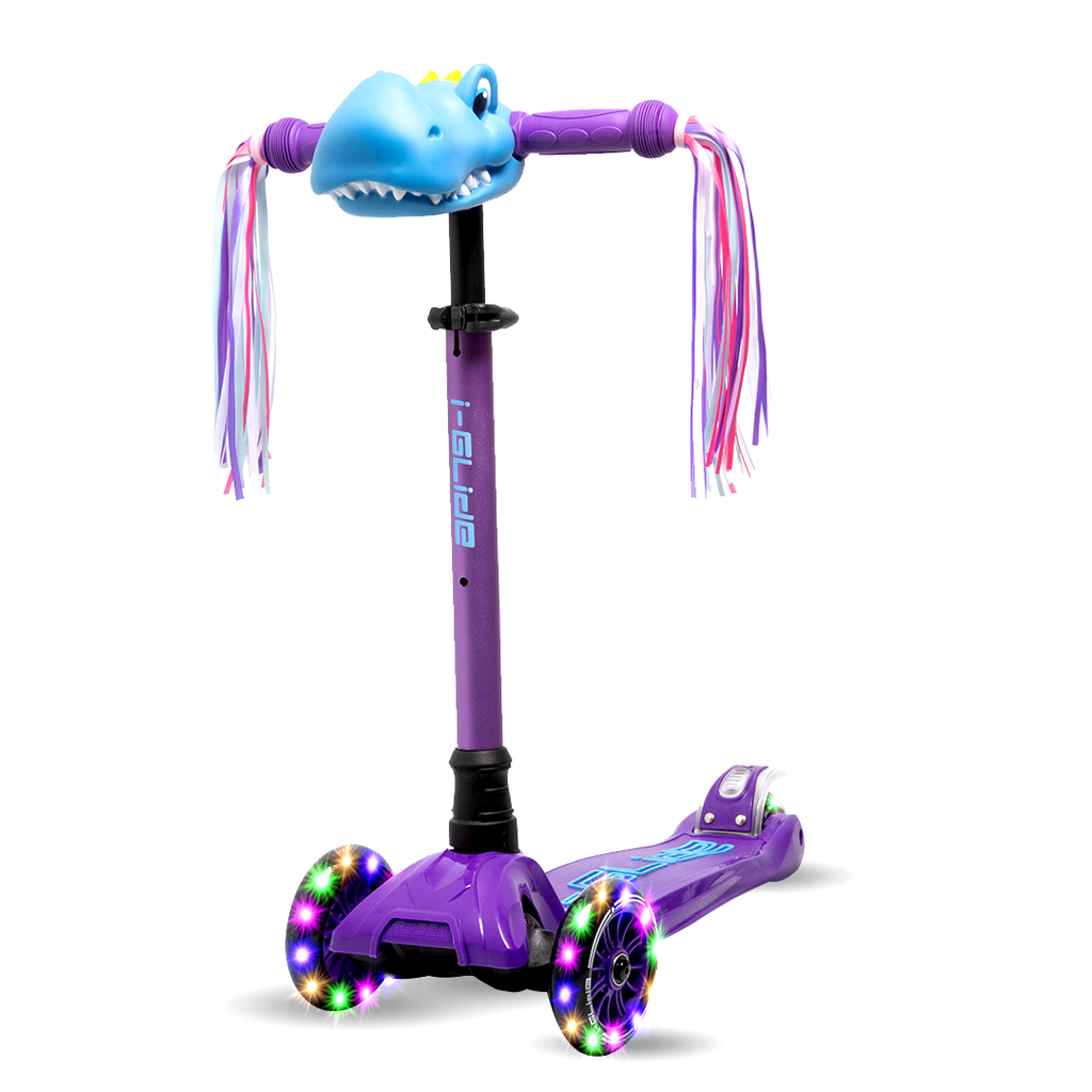 I-GLIDE 3 Wheel Scooter Combo Pack with Dinosaur Head and Ribbons (Purple/Blue)