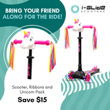 I-GLIDE 3 Wheel Scooter Combo Pack with Unicorn Head and Ribbons (Black/Pink)