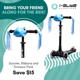 I-GLIDE 3 Wheel Scooter Combo Pack with Dinosaur Head and Ribbons (Black)