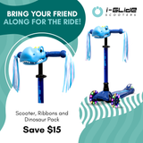 I-GLIDE 3 Wheel Scooter Combo Pack with Dinosaur Head and Ribbons (Blue/Blue)