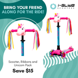 I-GLIDE 3 Wheel Scooter Combo Pack with Unicorn Head and Ribbons (Pink/Aqua)