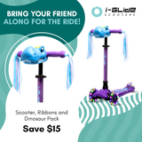 I-GLIDE 3 Wheel Scooter Combo Pack with Dinosaur Head and Ribbons (Purple/Blue)