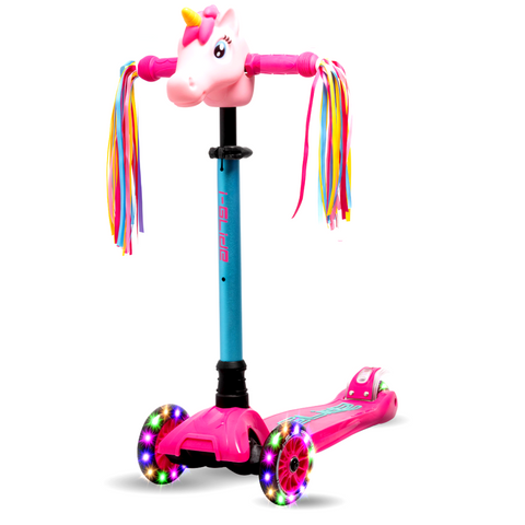 I-GLIDE 3 Wheel Scooter Combo Pack with Unicorn Head and Ribbons (Pink/Aqua)